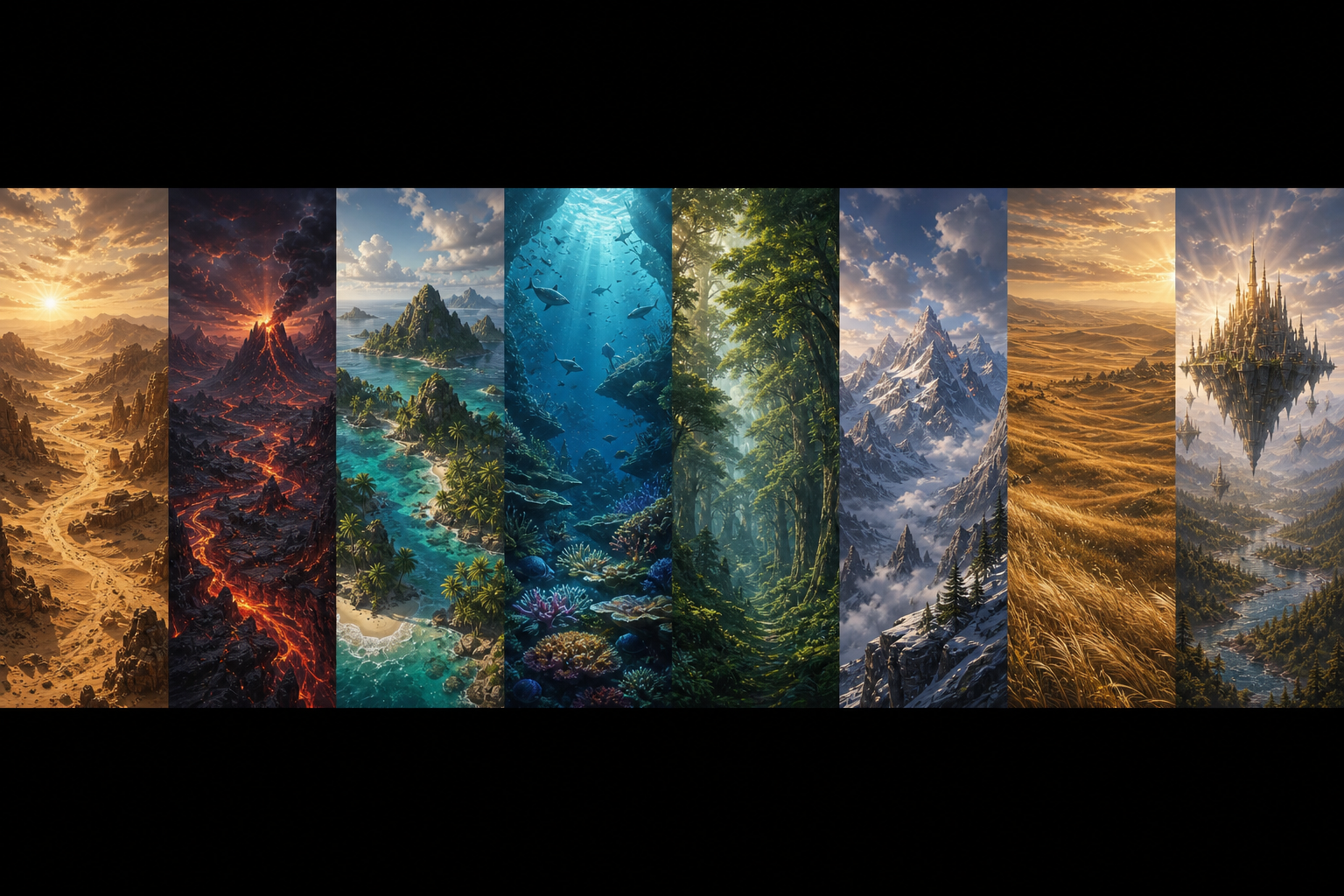 Panorama of Lumani biomes: desert, volcano, islands, underwater depths, forest, mountains, plains, and floating isles.