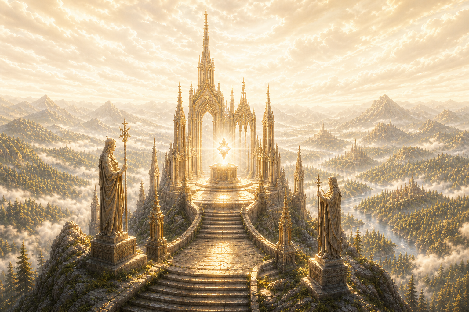The Heart of Lumani: a radiant crystal above a summit shrine, casting soft light over the realm.