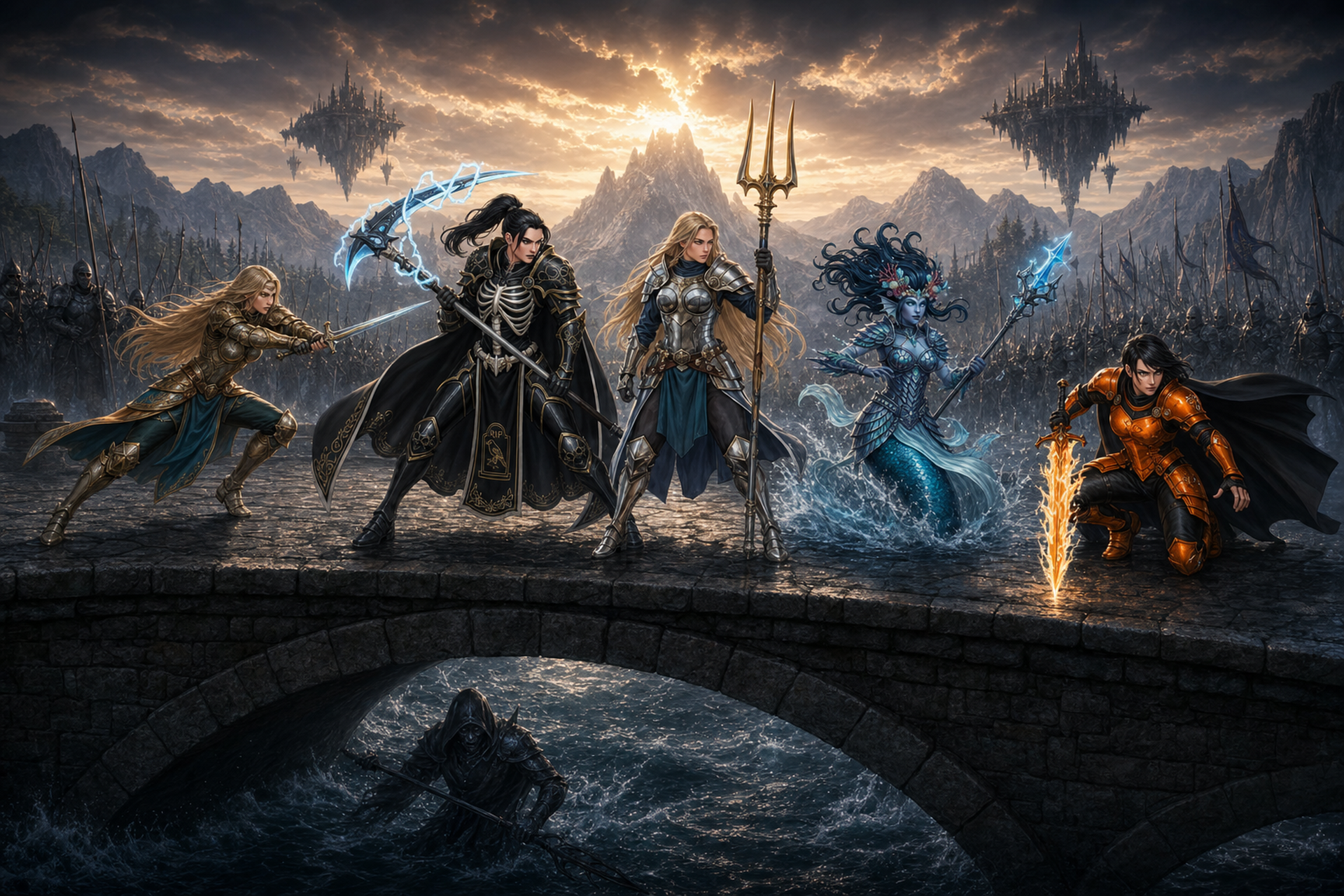 Elenia, Yeohan, and Raven clash with Strixx and Saifon on the bridge beneath the floating Heart of Lumani.