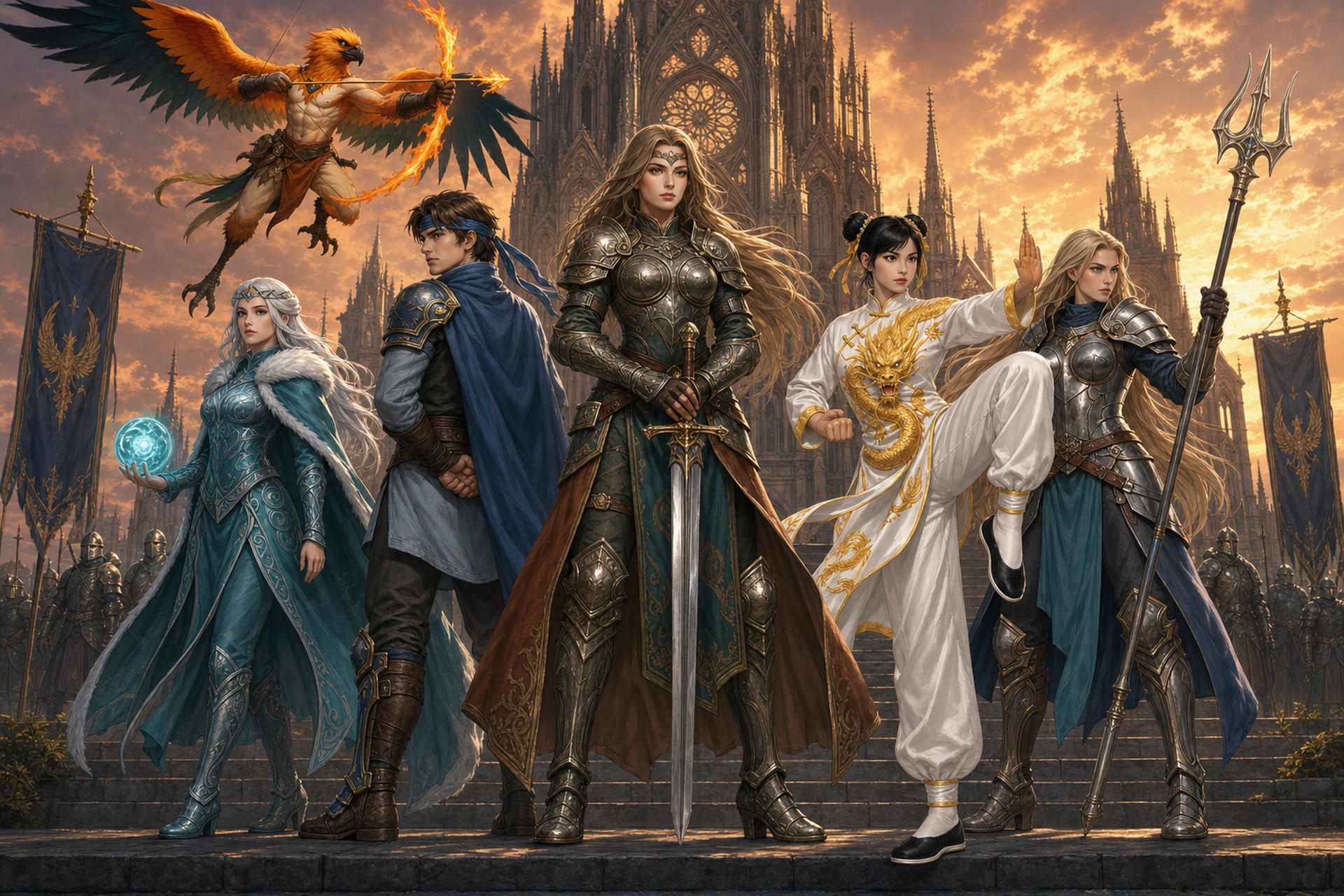 Luminist champions Alora, Phoenix, Elenia, Kael, Long Mei, and Yeohan on cathedral stairs before a golden city and Luminist army.