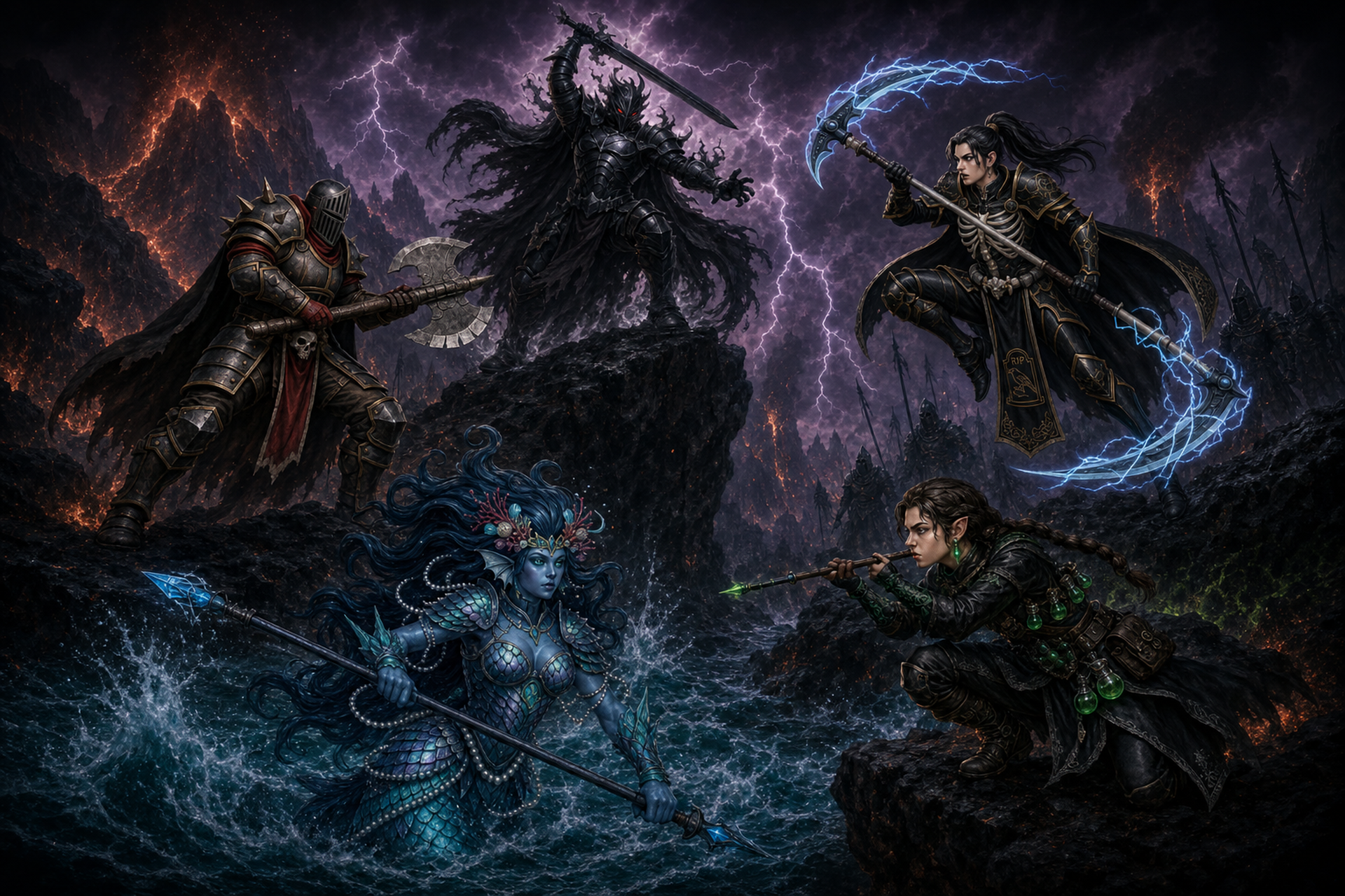 Korvac leads the Shadow host—Malakor, Strixx, Saifon, and Prim—before volcanic lightning and shadow ranks.