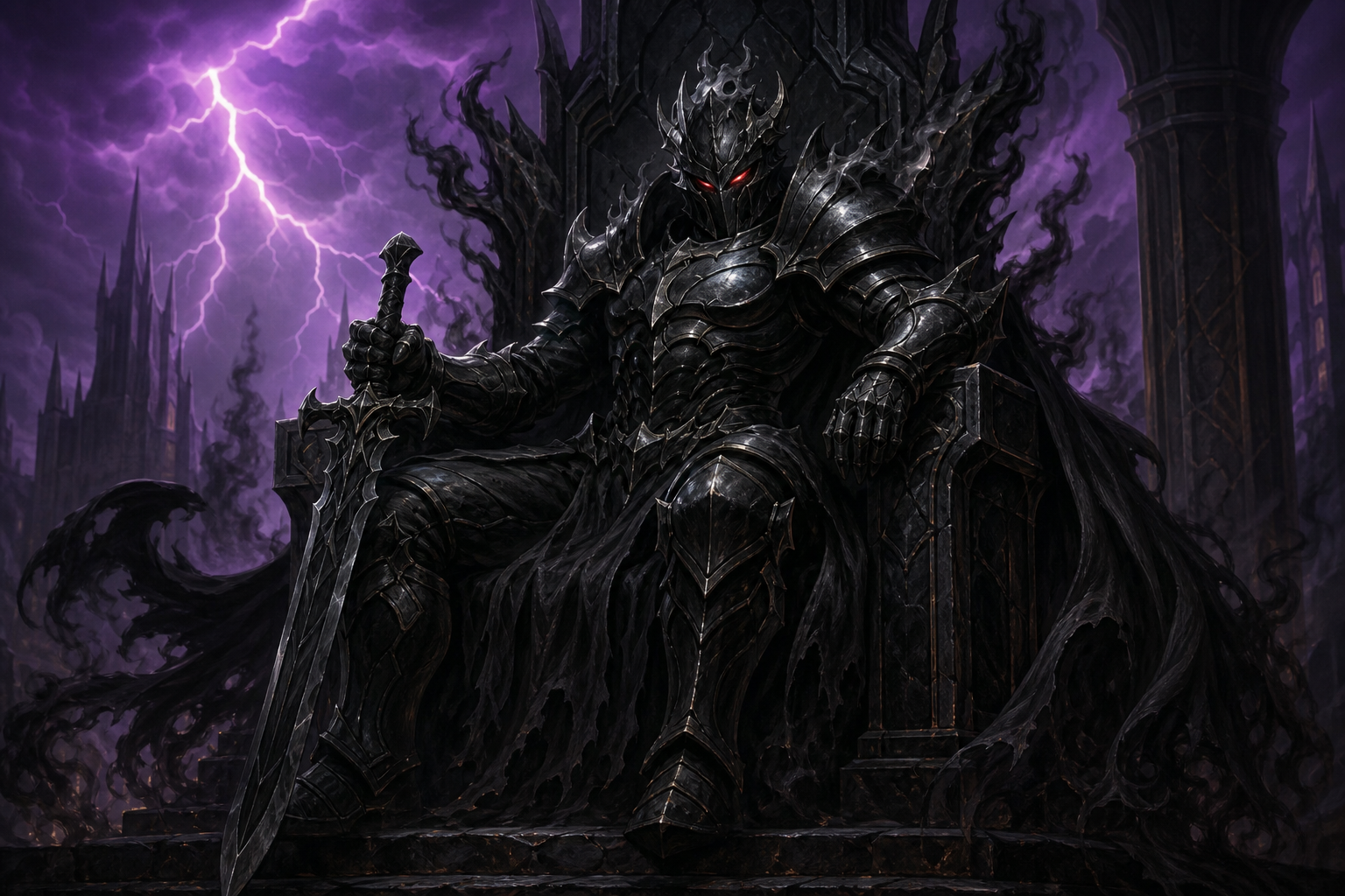 Korvac, Shadow sovereign, seated on an obsidian throne amid volcanic storm light.