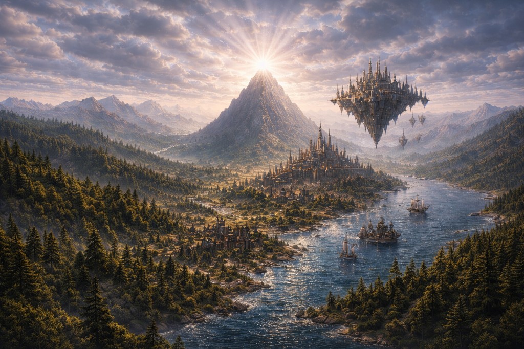 Panorama of Lumani: river valley, cities, floating citadel, and the radiant Heart crystal atop the central peak.