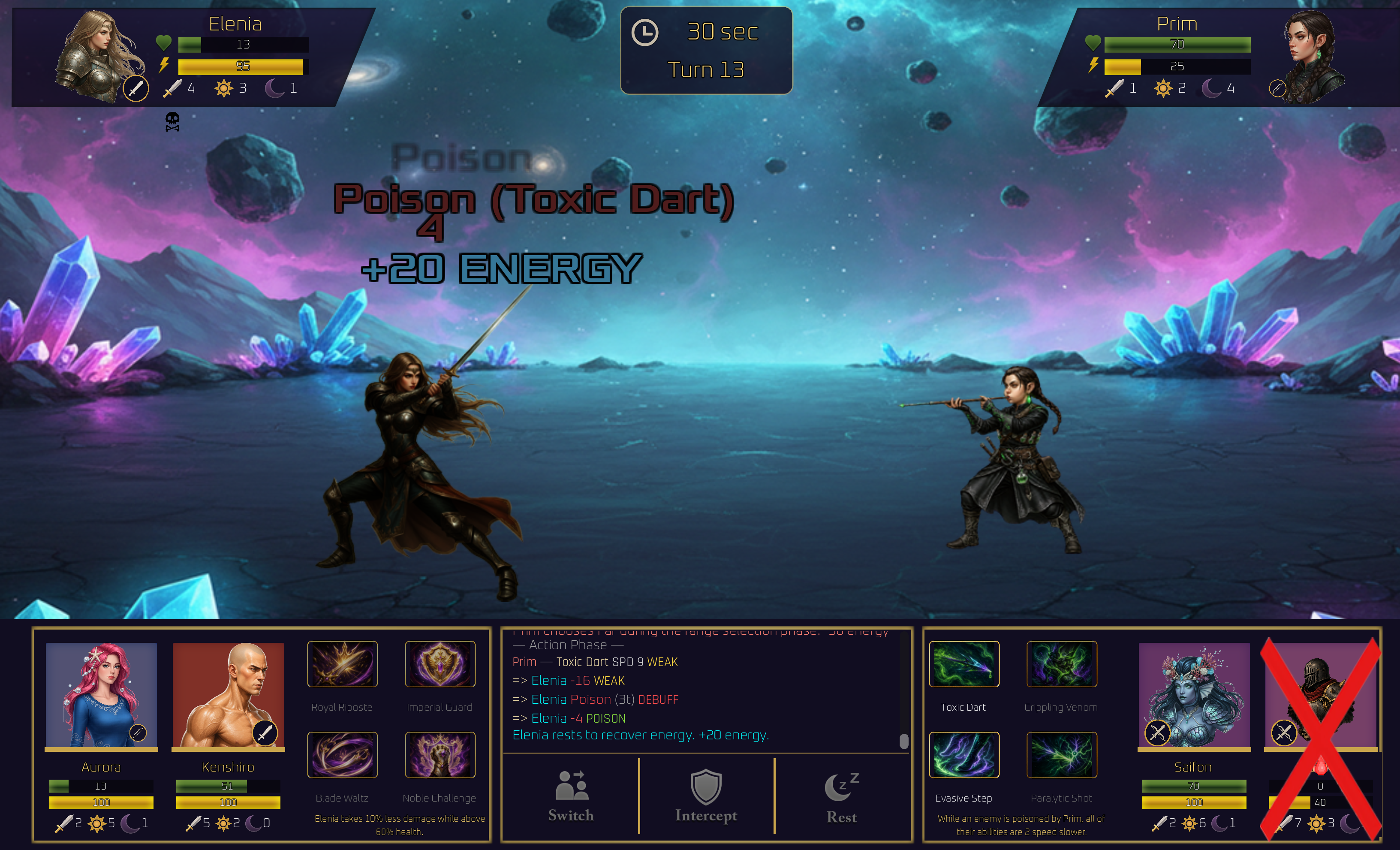 Prim's Toxic Dart poisons Elenia in a crystal arena.