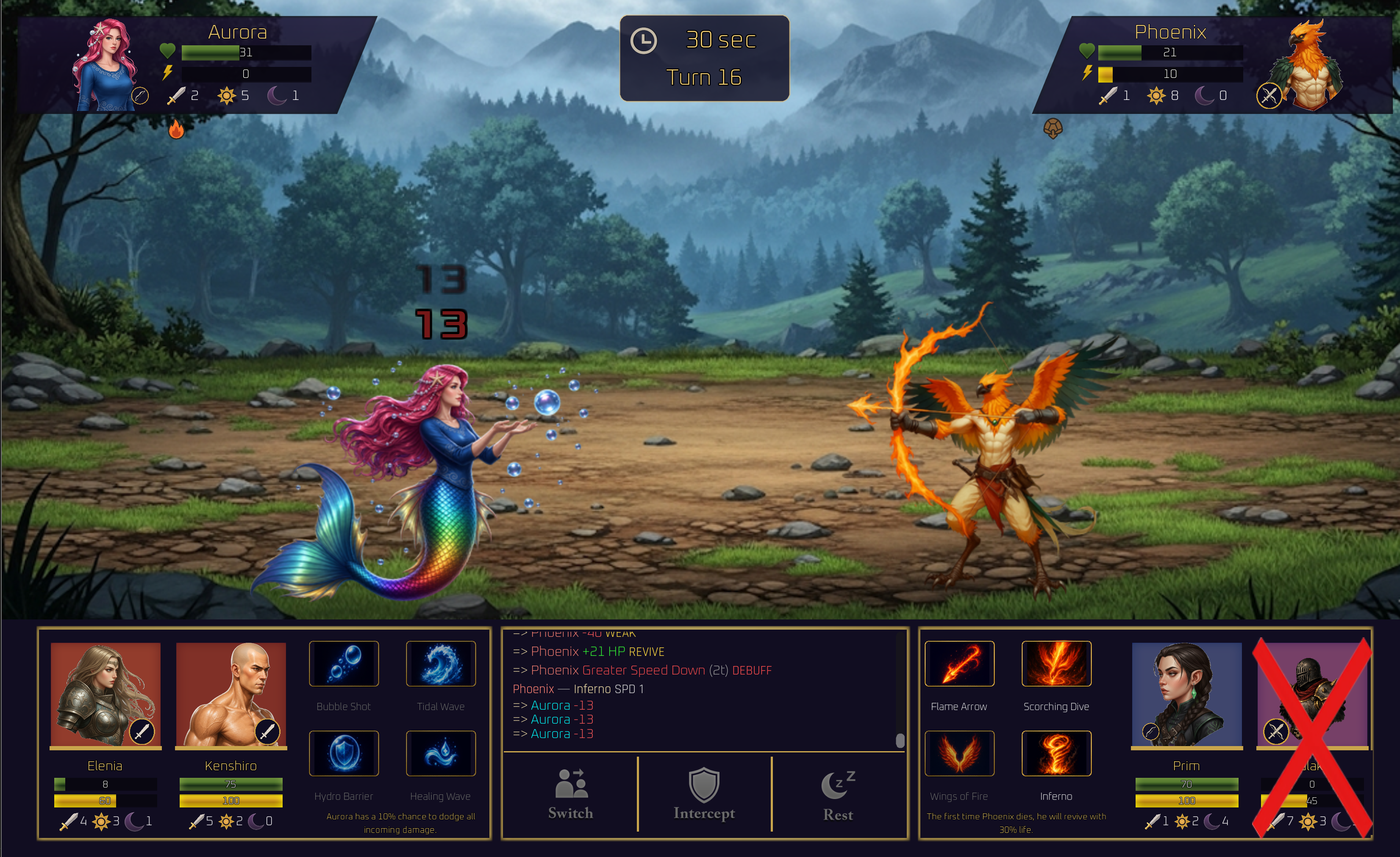 Aurora and Phoenix trade ranged hits in a forest clearing.