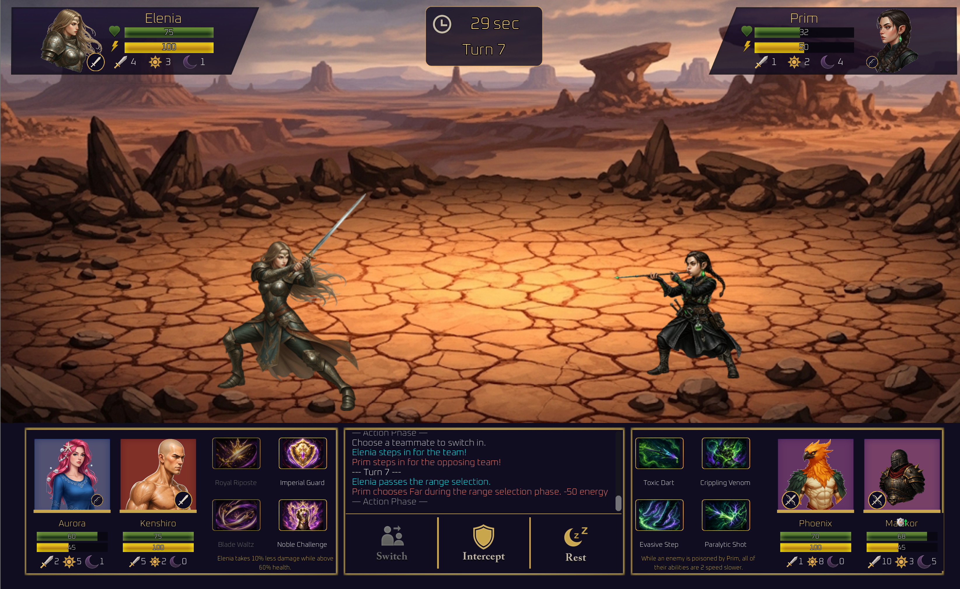 Elenia advances on Prim in desert wastes.