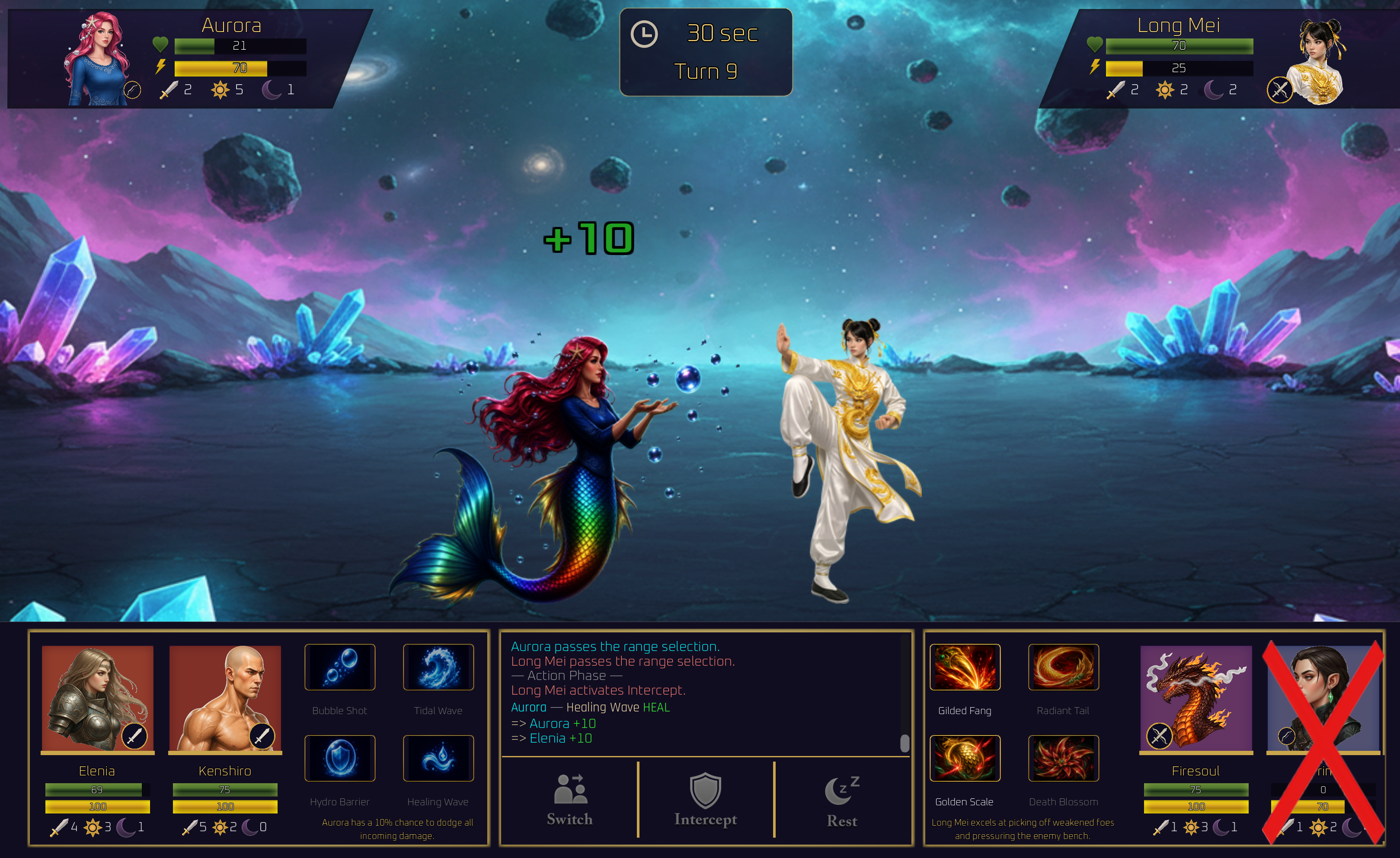 Aurora faces Long Mei on cosmic crystal ground.