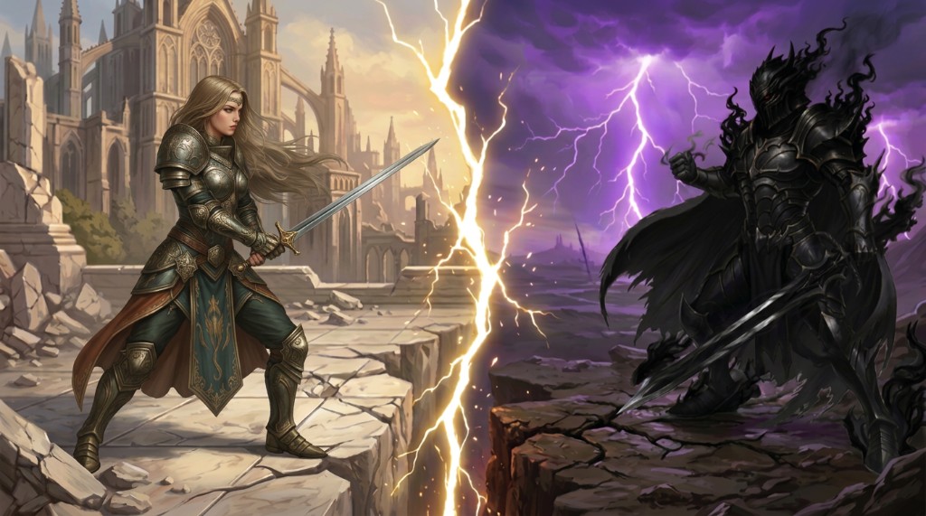 Elenia and Korvac divided by lightning between a sunlit citadel and Korvac's storm-dark battlefield.