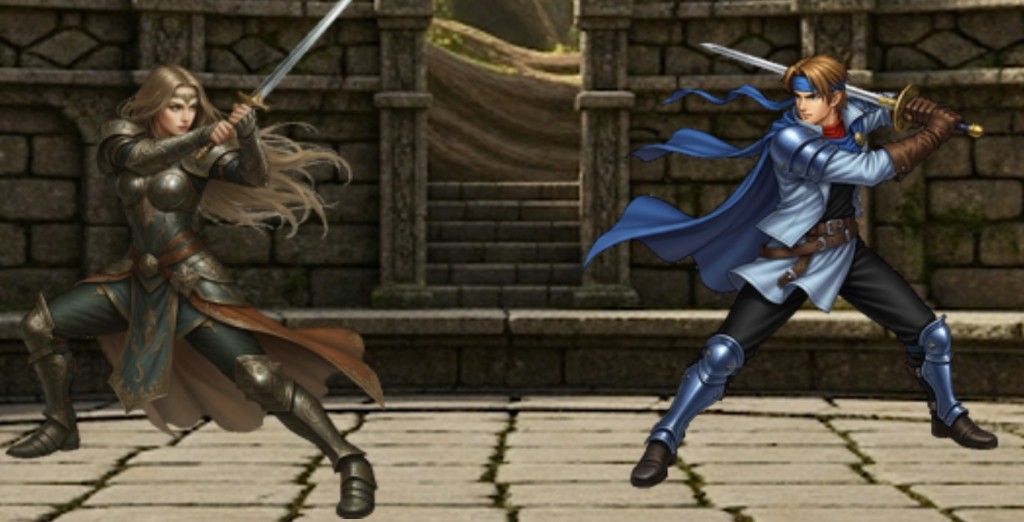 Elenia and Kael cross swords at close range in a stone arena.