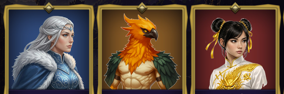 Team selection portraits for Alora, Phoenix, and Long Mei in gold-framed HUD tiles.