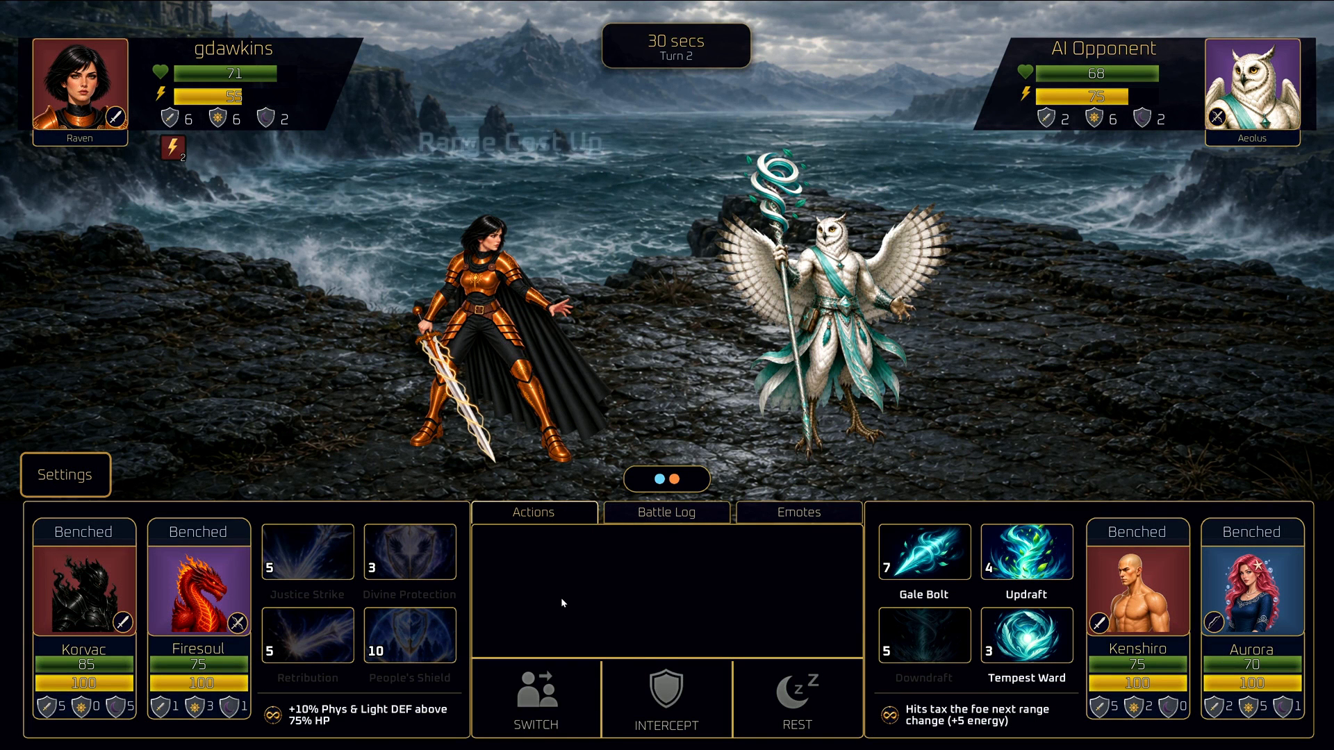 Current-build battlefield: Raven versus Aeolus with full HUD, benches, and ability grid.
